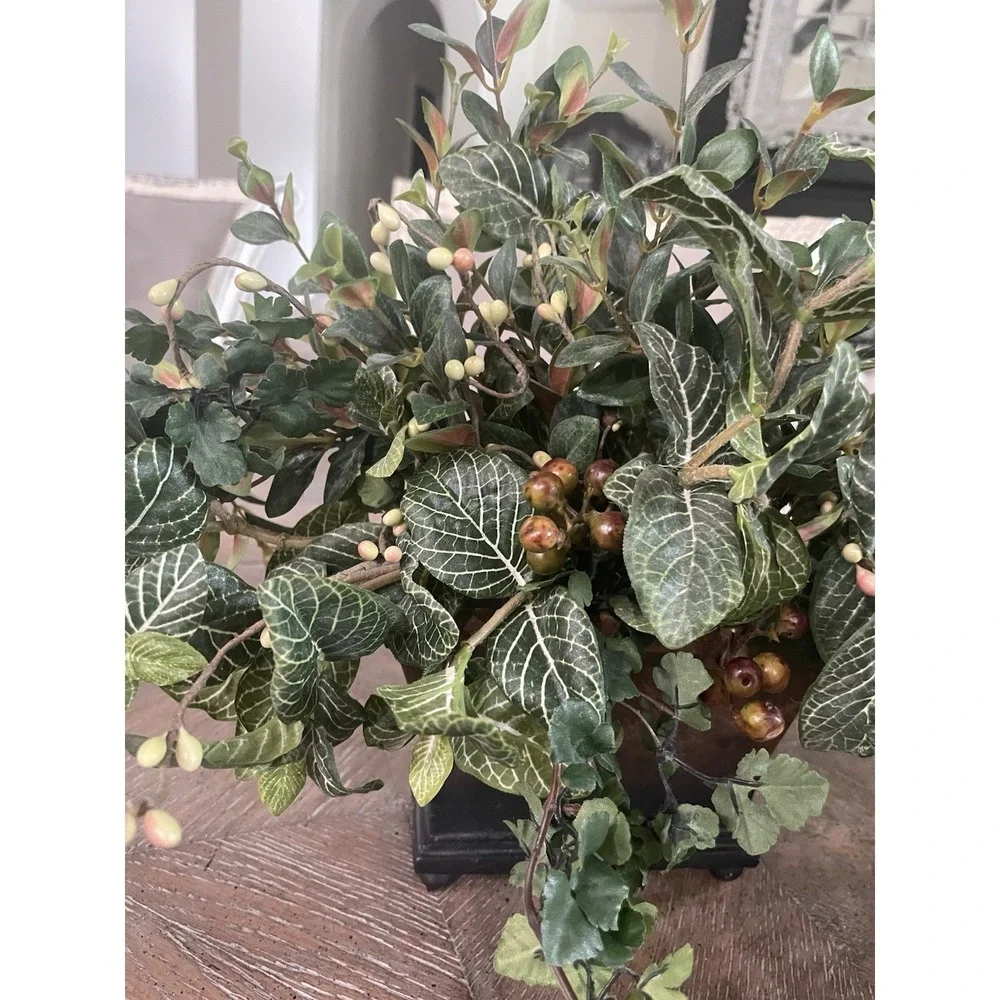 Faux Greenery & Berry Floral Arrangement Sm Resin Footed Container
